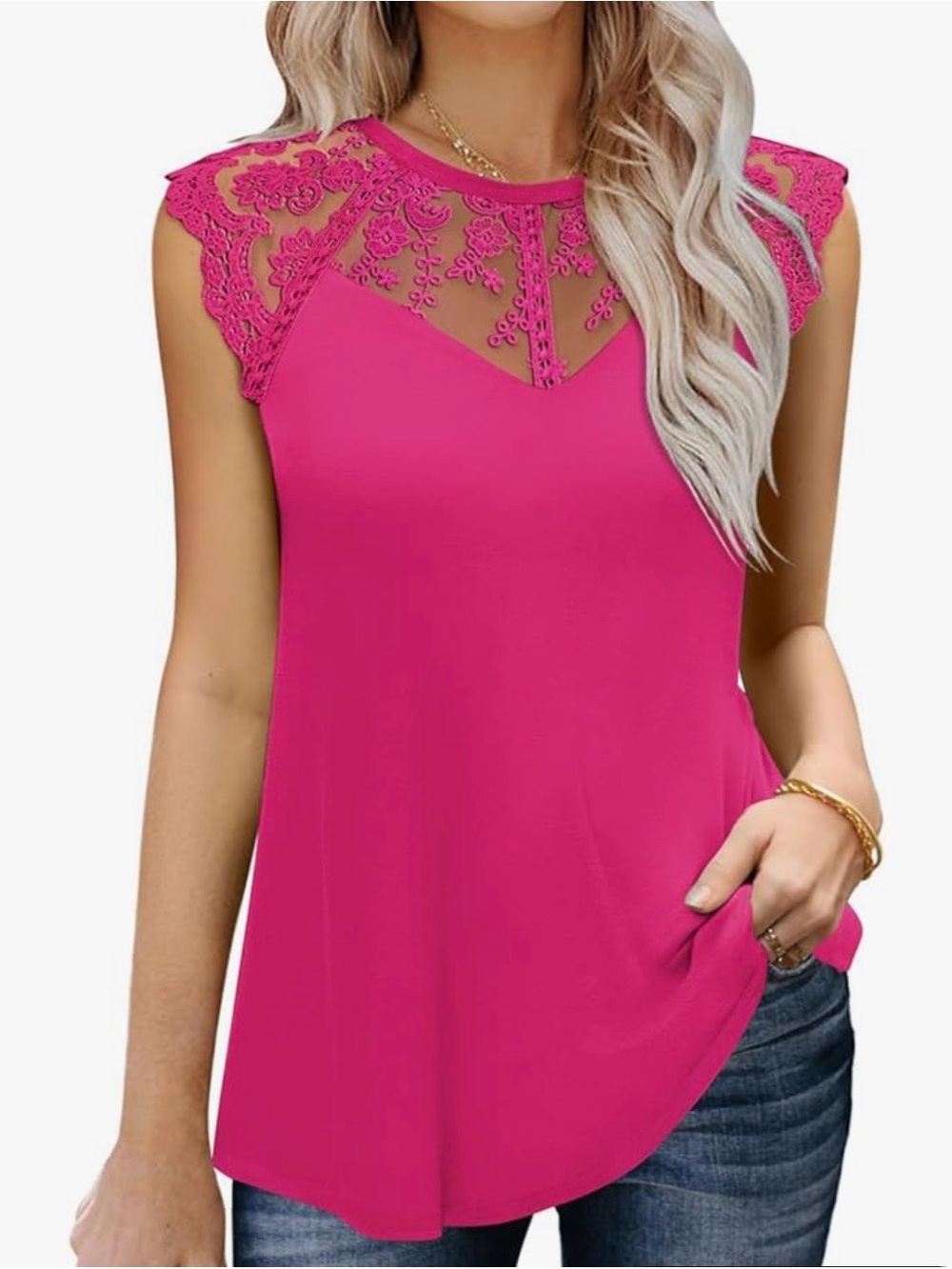Miholl Cap Sleeve Lace Yoke Blouse in Hot Pink, Size M